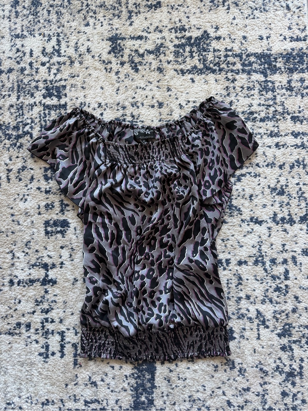 Smocked Off-Shoulder Animal-Print Camisole in Black and Gray